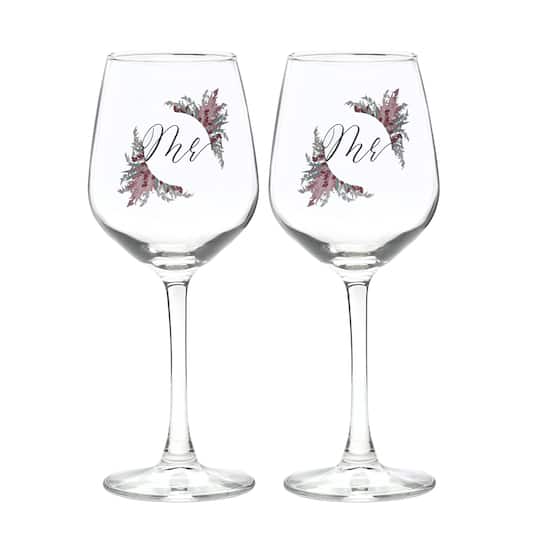 12oz. Mr. & Mr. Dried Floral Wine Glass Set